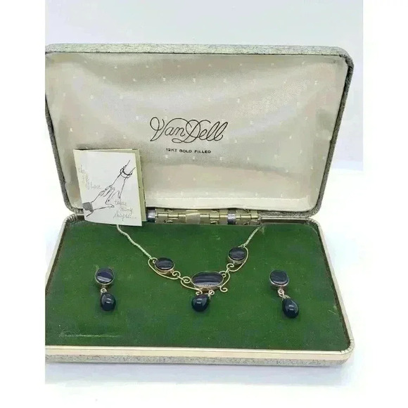 Vintage 12k Gold Filled Onyx Necklace Earrings Set Orig Box NOS Van Dell - Picture 3 of 15